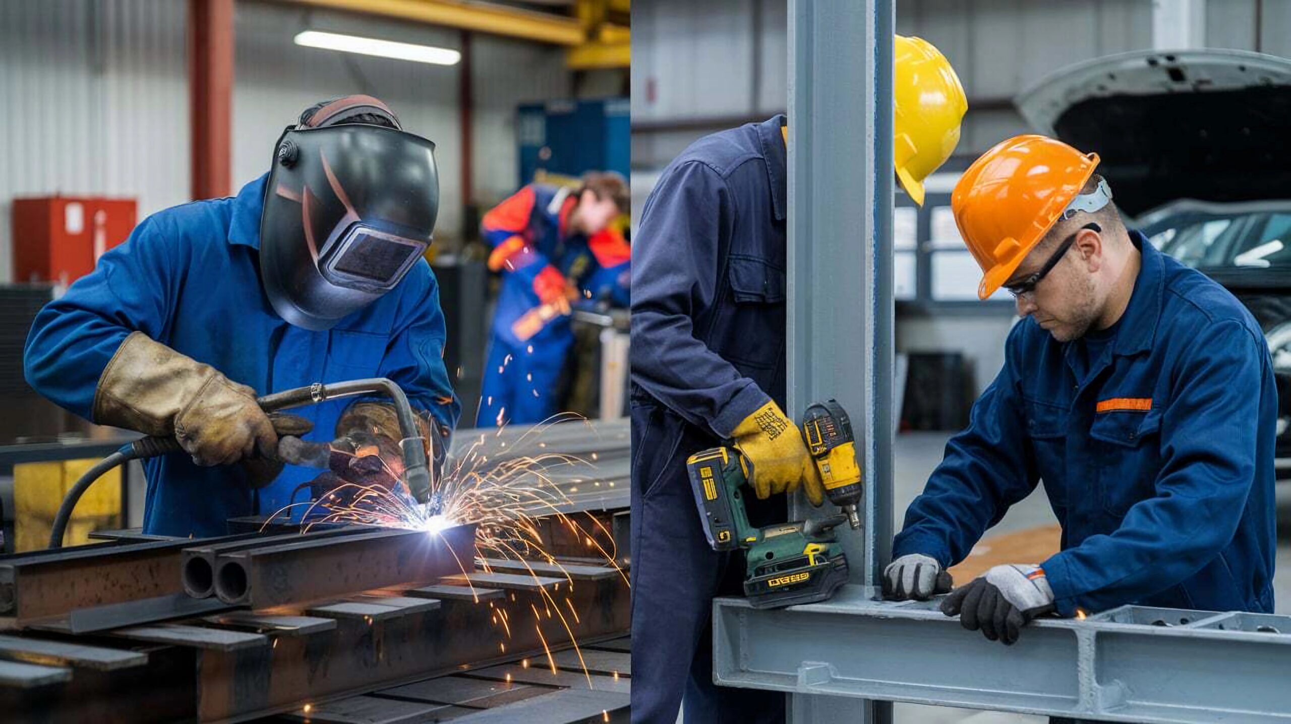 group men working metal piece with words we re working it scaled